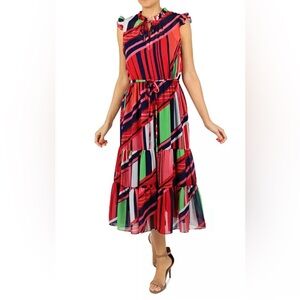 JULIA JORDAN - Printed Ruffle-Neck Tie-Waist Midi Dress